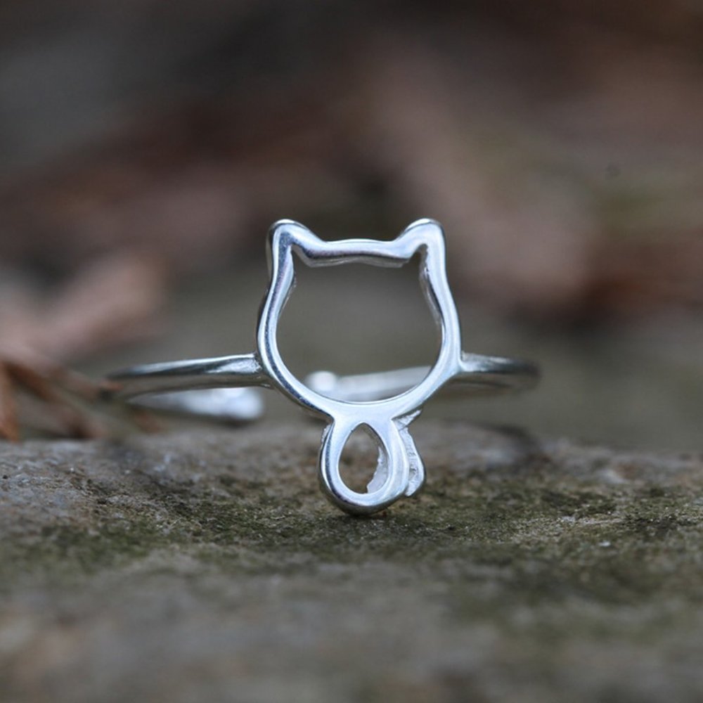 925 Sterling Silver Cat Silhouette Ring for Her Open Ring for Cat lovers